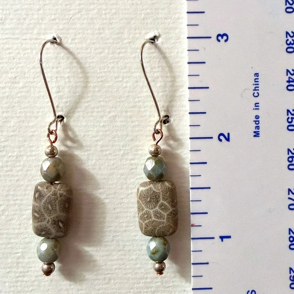 Coral Fossil and Glass Drop‎ Earrings Sage Green Handcrafted by Stephanie Aune